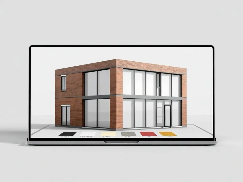 A detailed 3D model of a building facade with various material options displayed on a digital interface.