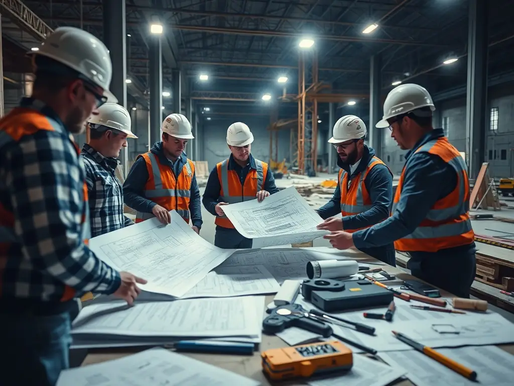 A construction site with a team conducting a detailed cost estimation.