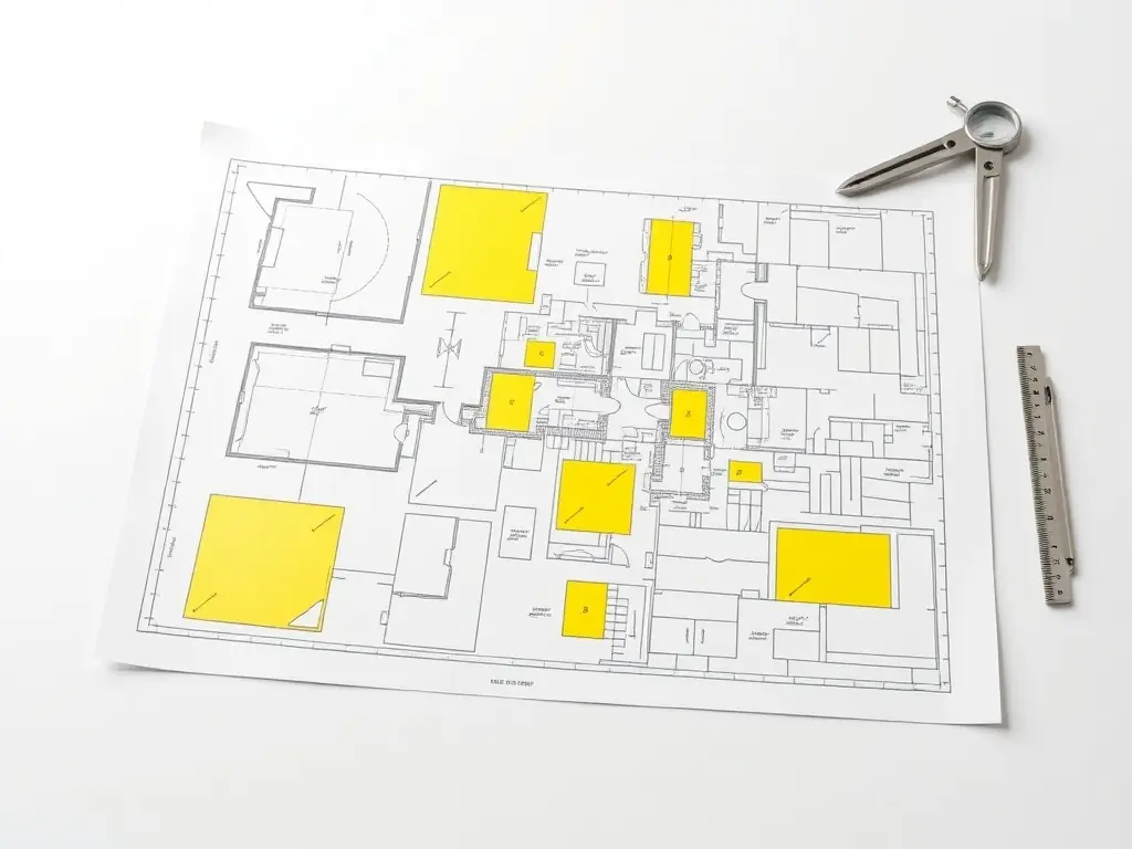 A detailed construction plan with highlighted sections and annotations on a white surface.