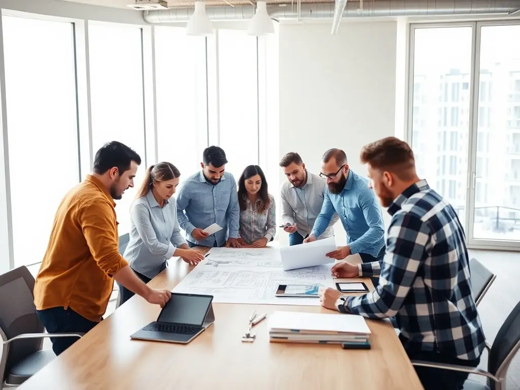 A team of construction professionals discussing a project with blueprints and tablets in a modern office.