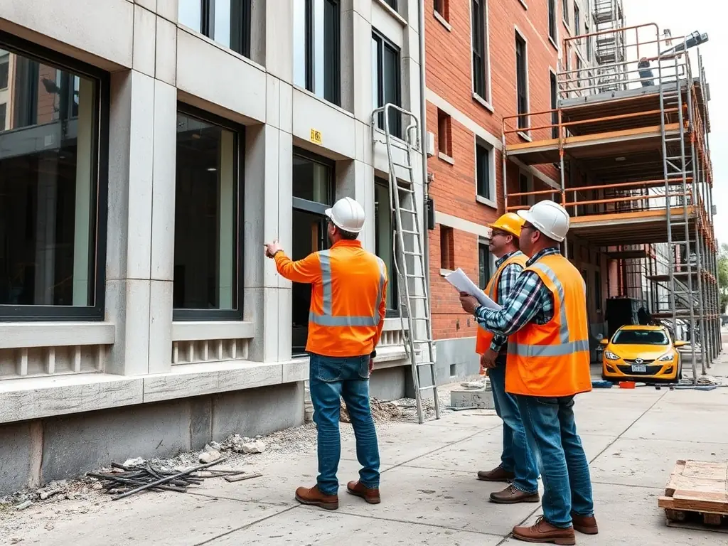 Workers assessing the facade of a building at a construction site.